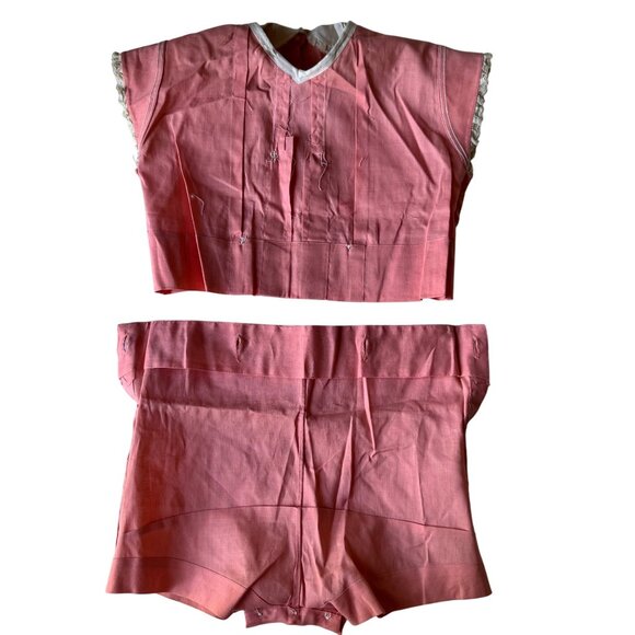 Vintage 1940s Childs Peach Pink Romper Shorts Lace Trim & Buttons 2 Piece - Picture 5 of 15